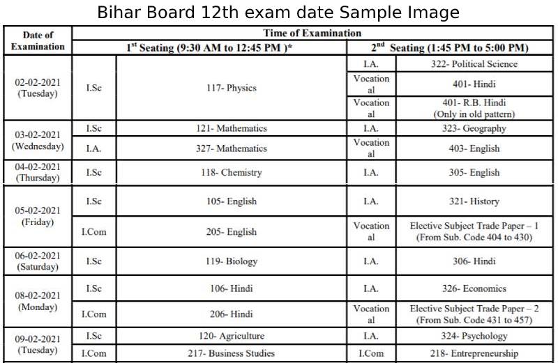 BSEB 12th exam date sample