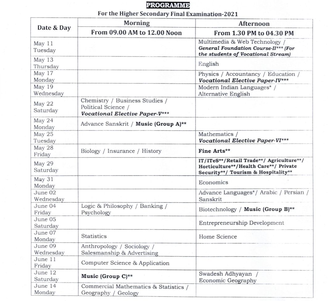 Assam HS Routine 2022 Sample