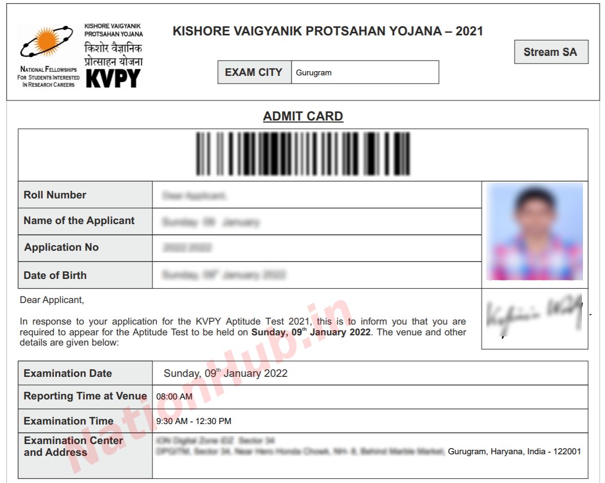 KVPY admit card 2022 sample image
