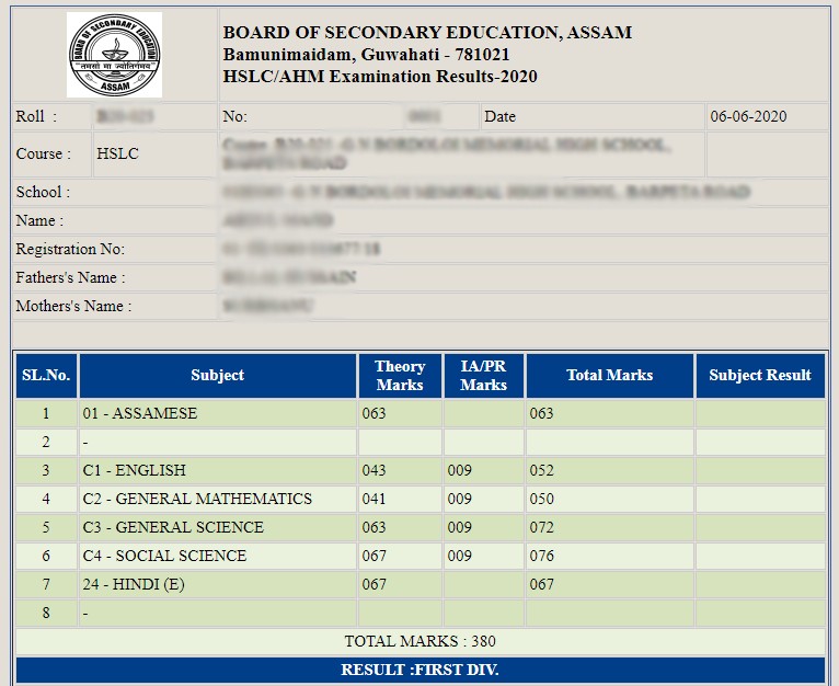 Assam HSLC result marksheet