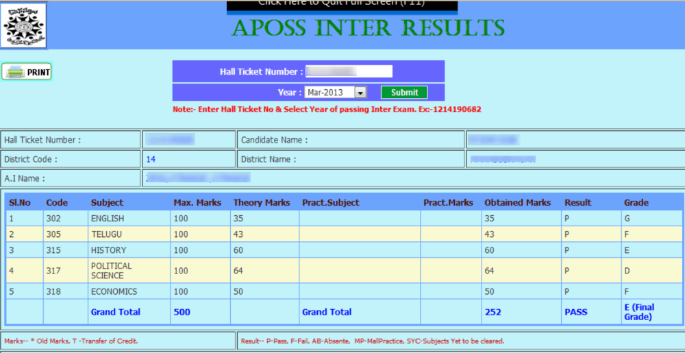 AP Open Inter Result sample marksheet