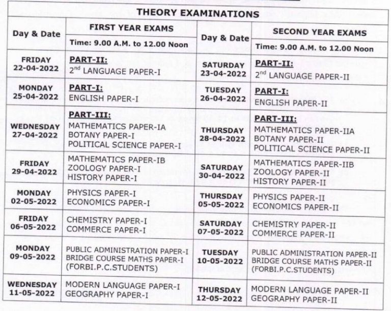TS Inter 1st Year Time Table 2023 PDF Download TS Inter 1st Year Exam